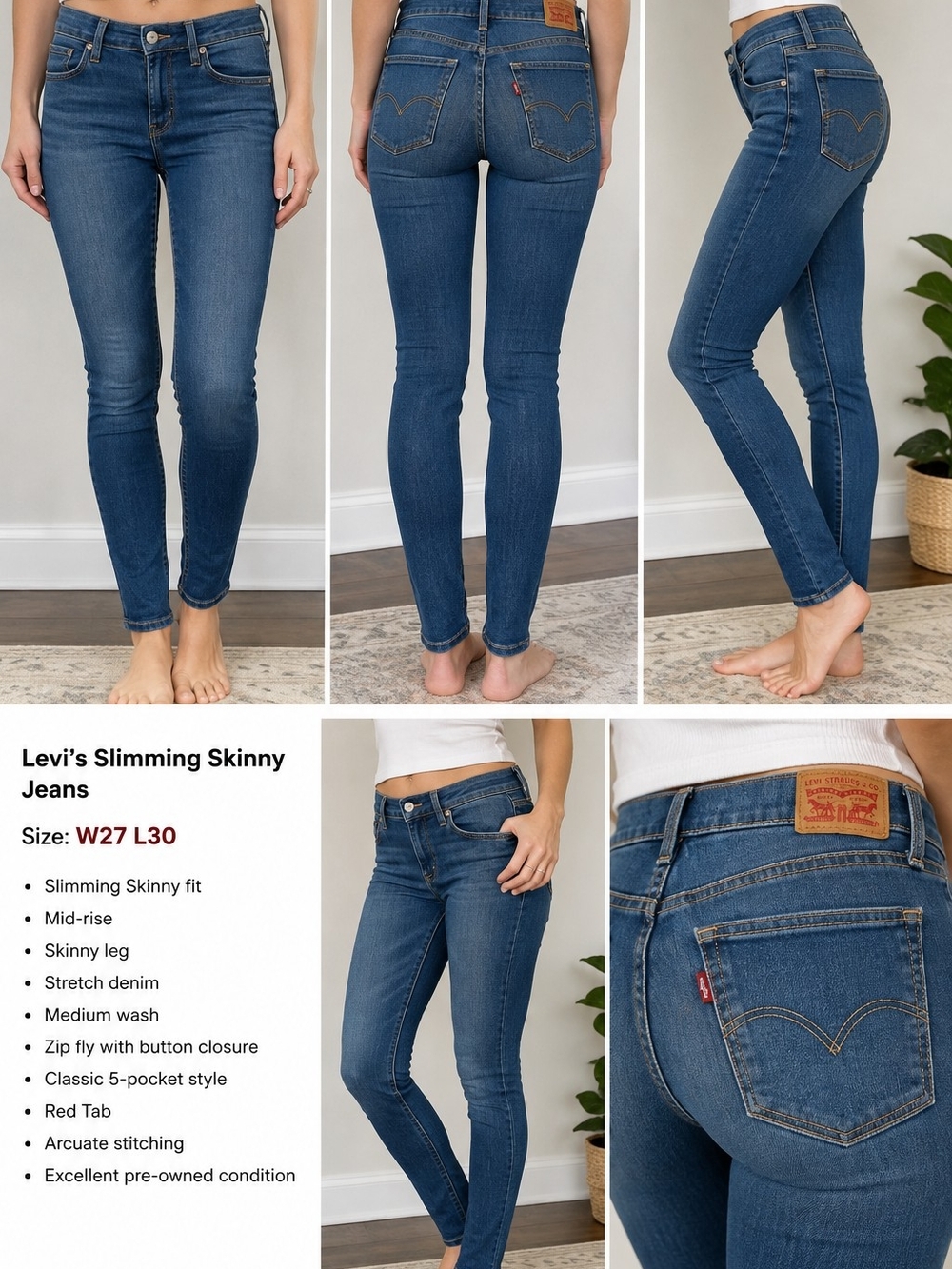 Levi's Women's Slimming Skinny Jeans - Medium Blue Size 27